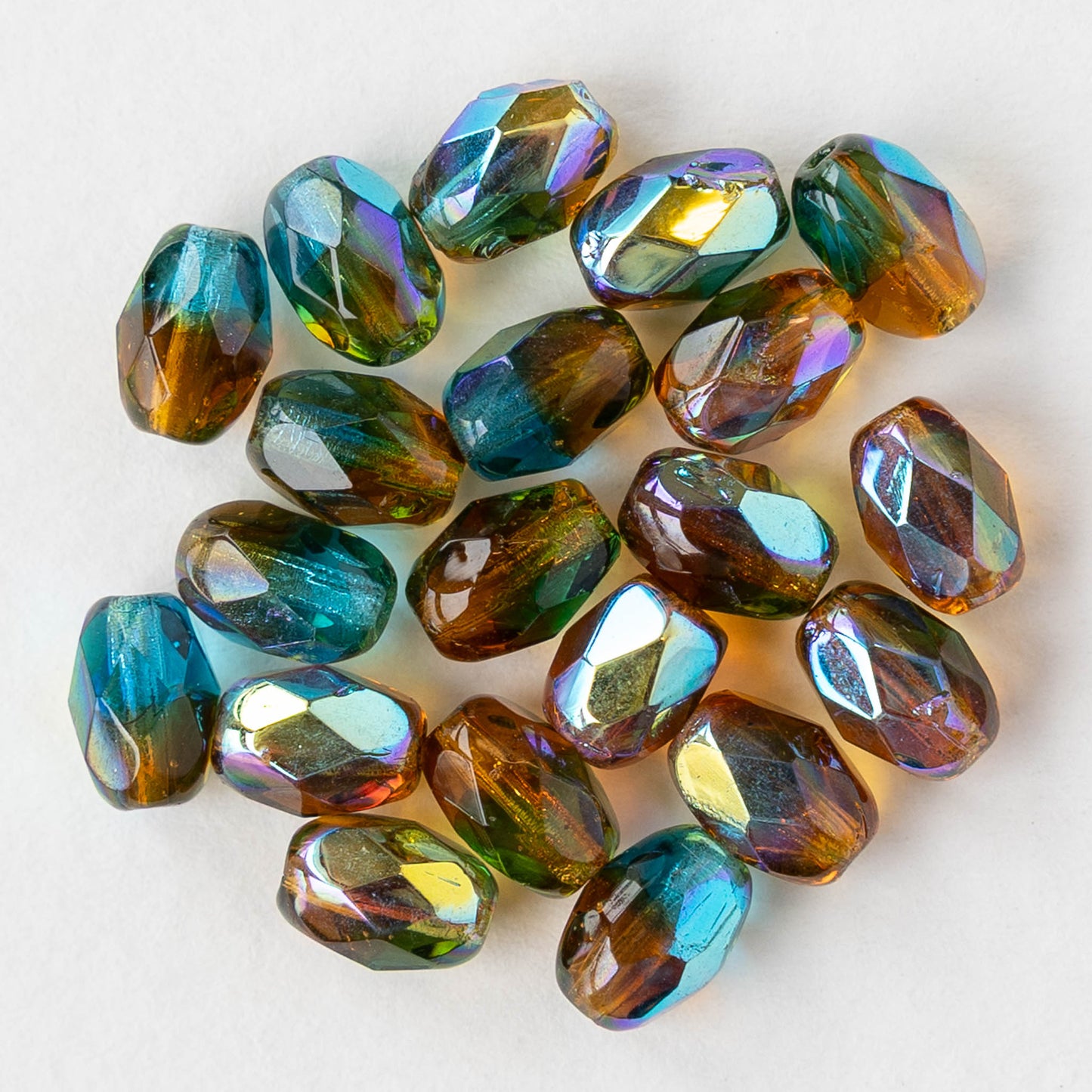 5x7mm Firepolished Glass Oval Beads - Teal Yellow Green AB Luster - 10 or 20 beads