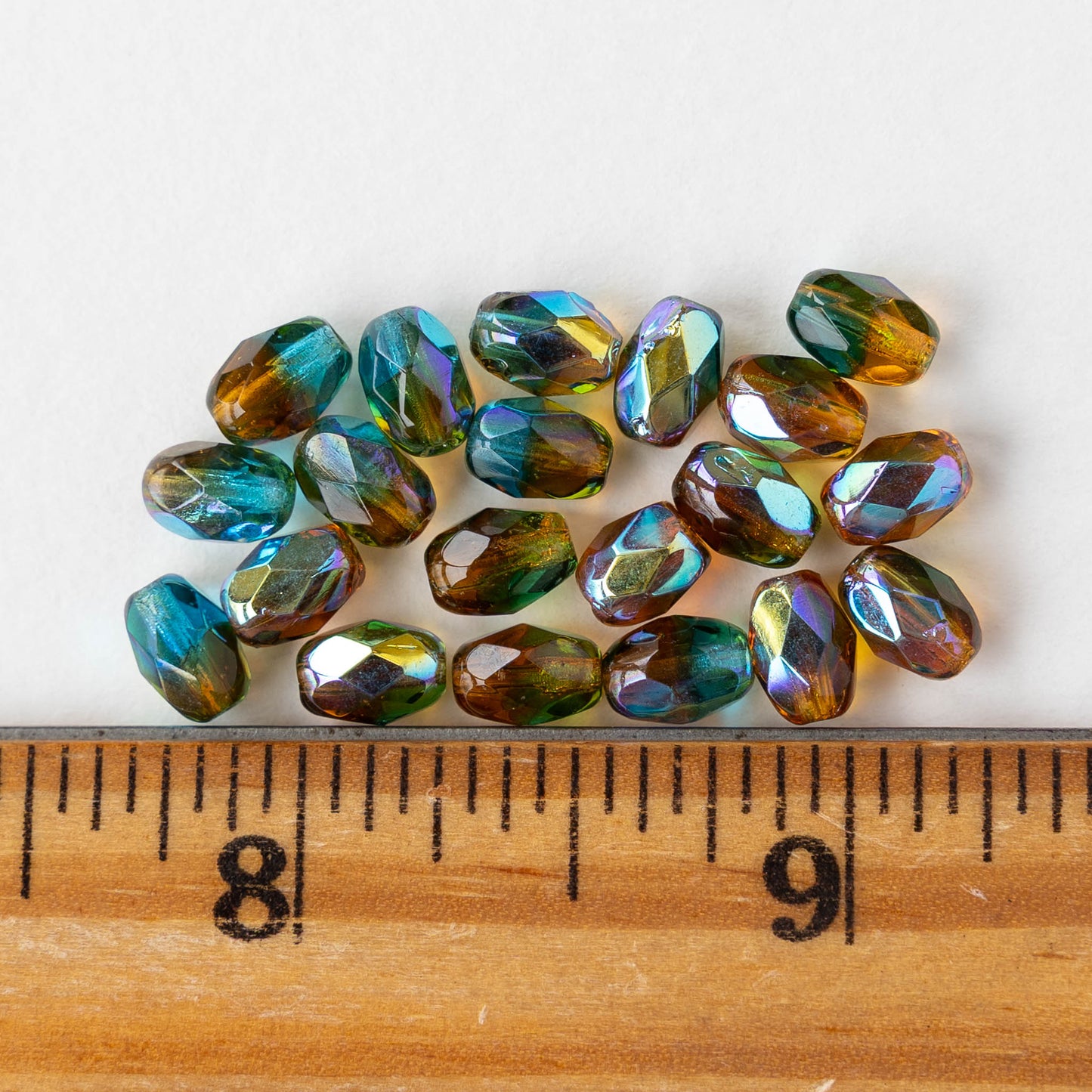 5x7mm Firepolished Glass Oval Beads - Teal Yellow Green AB Luster - 10 or 20 beads