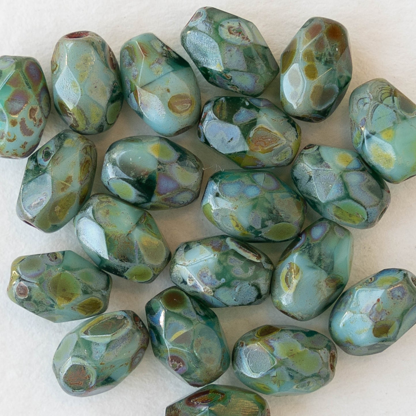 5x7mm Firepolished Glass Oval Beads - Opaque Seafoam Teal Picasso - 20 beads