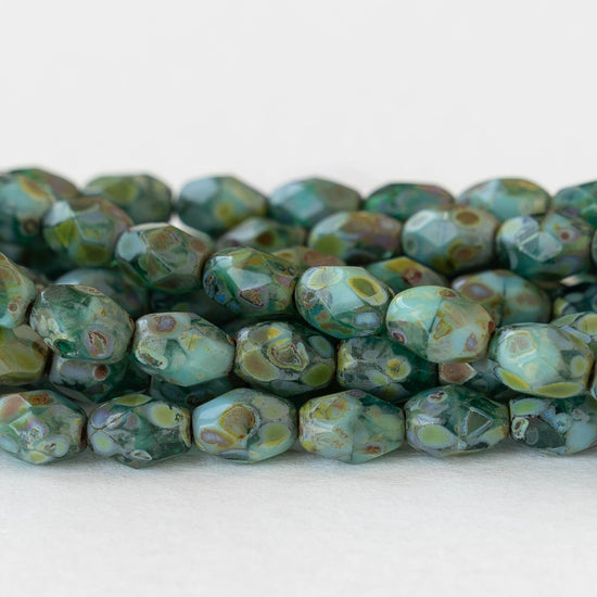 5x7mm Firepolished Glass Oval Beads - Opaque Seafoam Teal Picasso - 20 beads