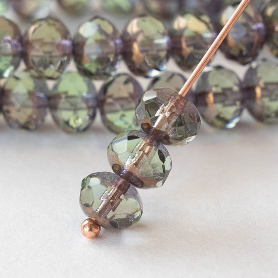 5x7mm Faceted Rondelle Beads - Transparent Peridot/Sage Green with Bronze - 25 beads