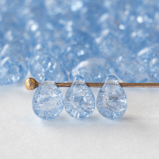 5x7mm Glass Teardrop Beads - Light Blue Crackle - 75 Beads