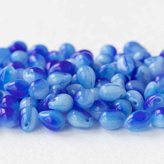 5x7mm Glass Teardrop Beads - Marbled Blue - 75 Beads