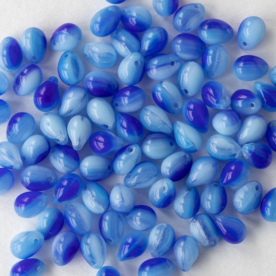 5x7mm Glass Teardrop Beads - Marbled Blue - 75 Beads