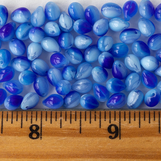 5x7mm Glass Teardrop Beads - Marbled Blue - 75 Beads