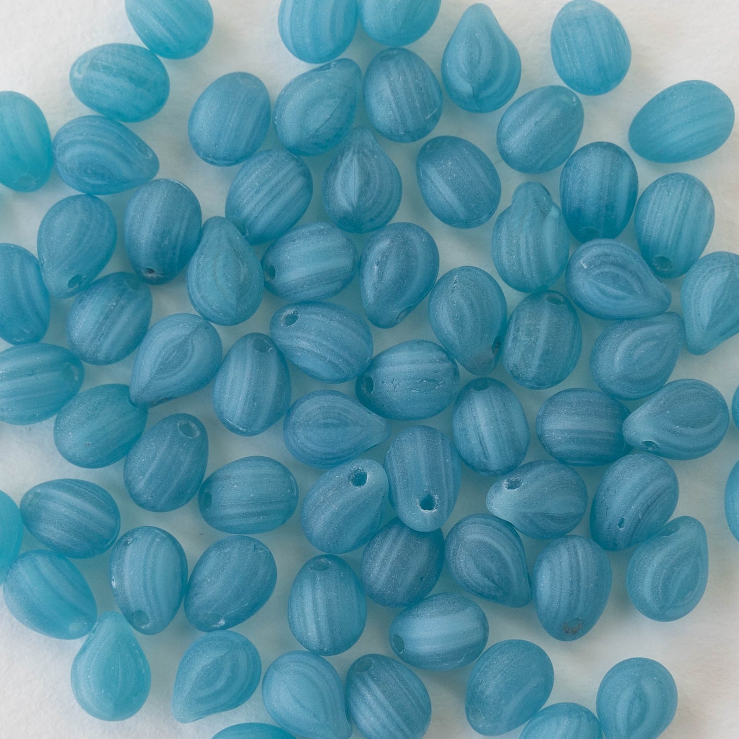 5x7mm Glass Teardrop Beads - Striped Blue Matte - 75 Beads