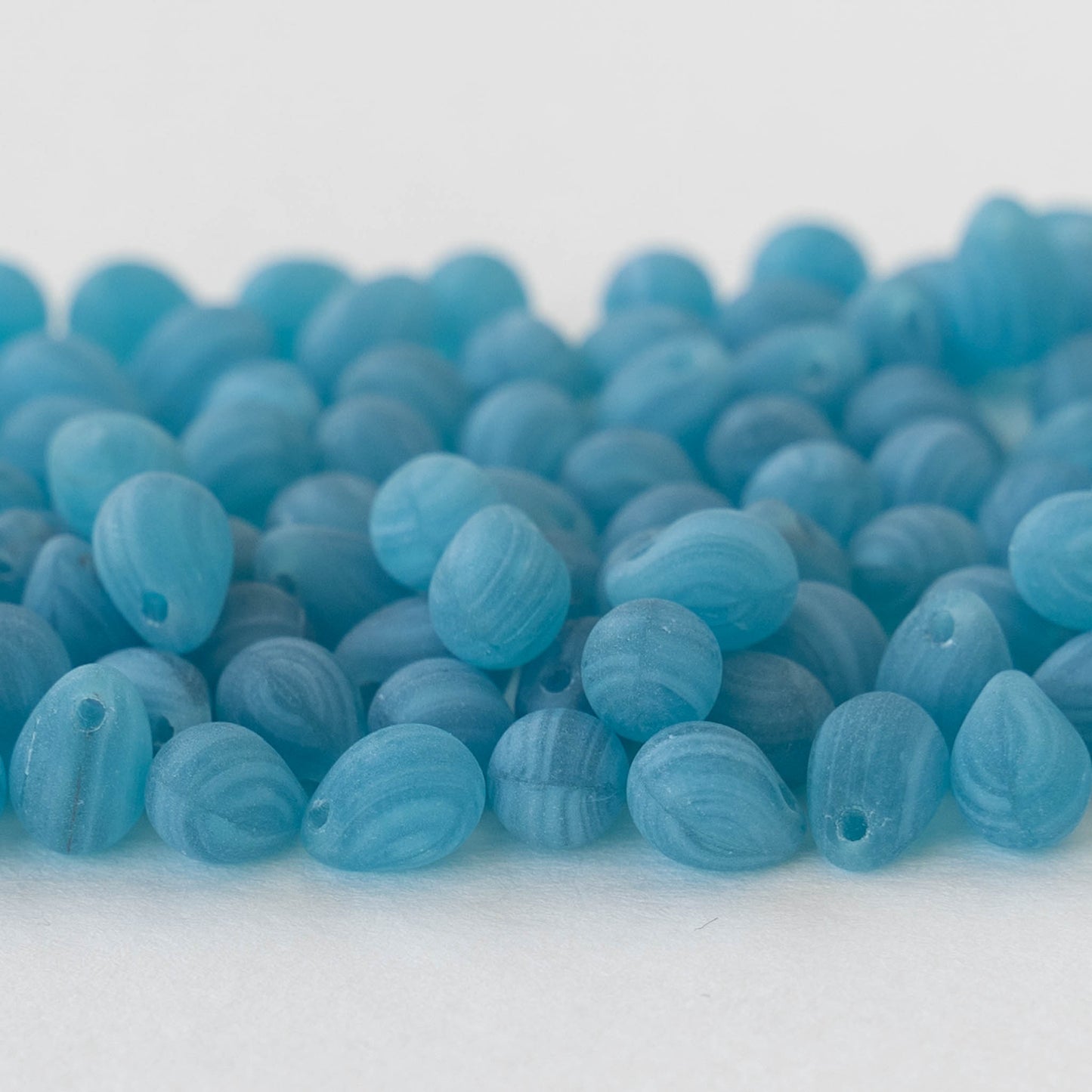 5x7mm Glass Teardrop Beads - Striped Blue Matte - 75 Beads