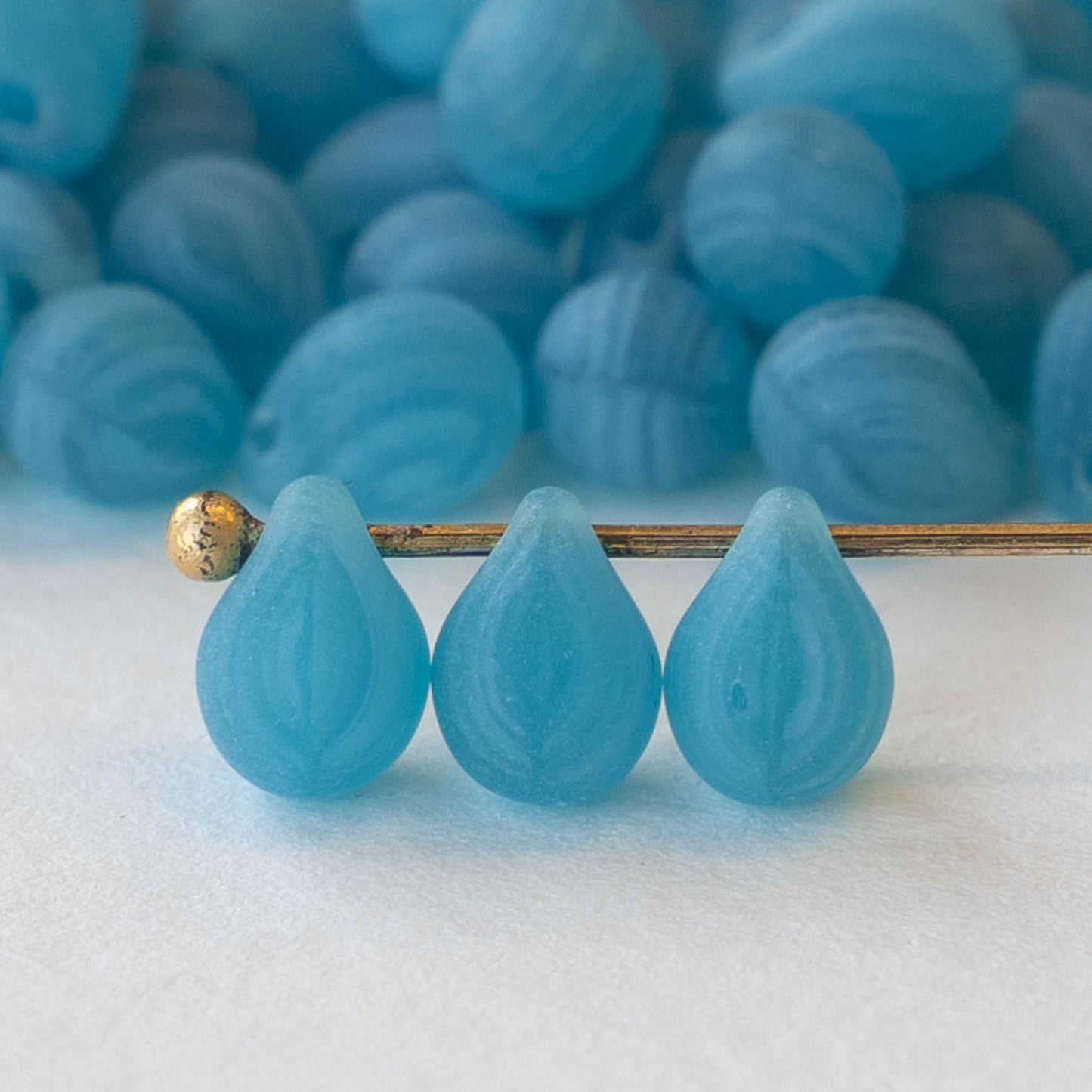 5x7mm Glass Teardrop Beads - Striped Blue Matte - 75 Beads