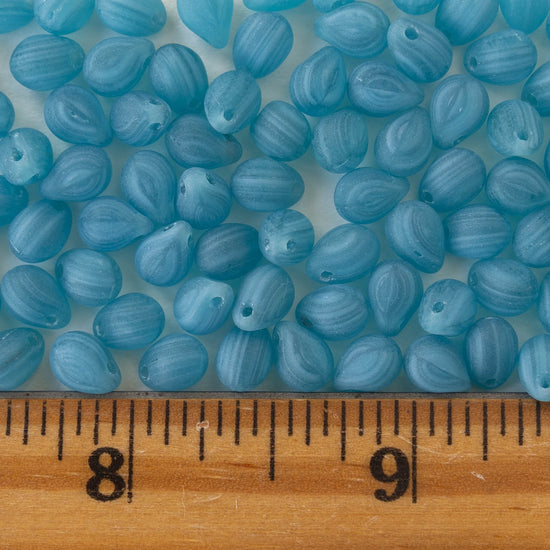 5x7mm Glass Teardrop Beads - Striped Blue Matte - 75 Beads