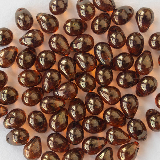 5x7mm Glass Teardrop Beads - Rosaline with Gold Luster - 75 Beads