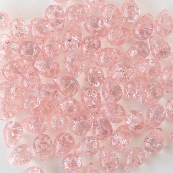 5x7mm Glass Teardrop Beads - Pink Crackle - 75 Beads