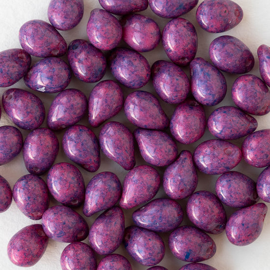 5x7mm Glass Teardrop Beads - Opaque Mottled Pink and Purple - 50 Beads