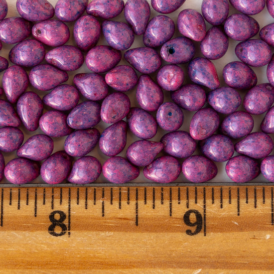 5x7mm Glass Teardrop Beads - Opaque Mottled Pink and Purple - 50 Beads