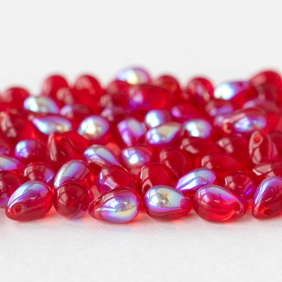 5x7mm Glass Teardrop Beads - Red AB - 75 Beads