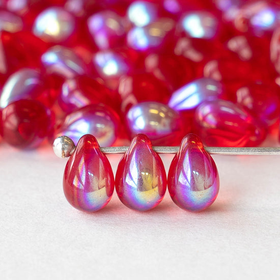 5x7mm Glass Teardrop Beads - Red AB - 75 Beads