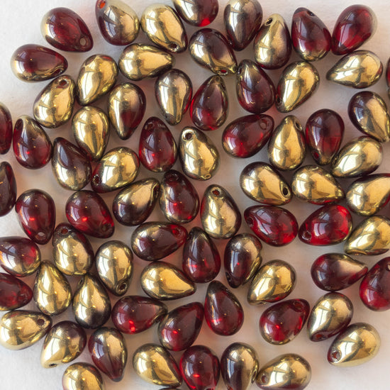 Load image into Gallery viewer, 5x7mm Glass Teardrop Beads - Red with Gold - 75 Beads
