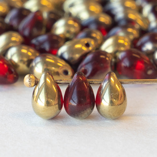 Load image into Gallery viewer, 5x7mm Glass Teardrop Beads - Red with Gold - 75 Beads
