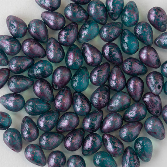 5x7mm Glass Teardrop Beads - Teal with Metallic Pink Dust - 50 Beads