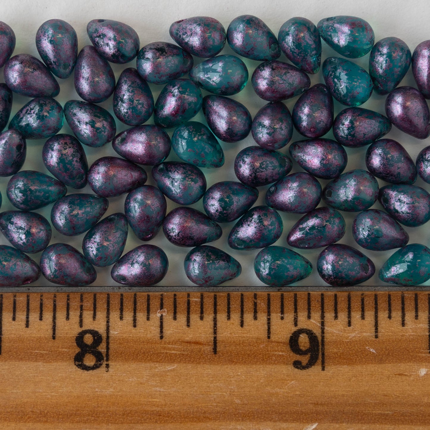 5x7mm Glass Teardrop Beads - Teal with Metallic Pink Dust - 50 Beads