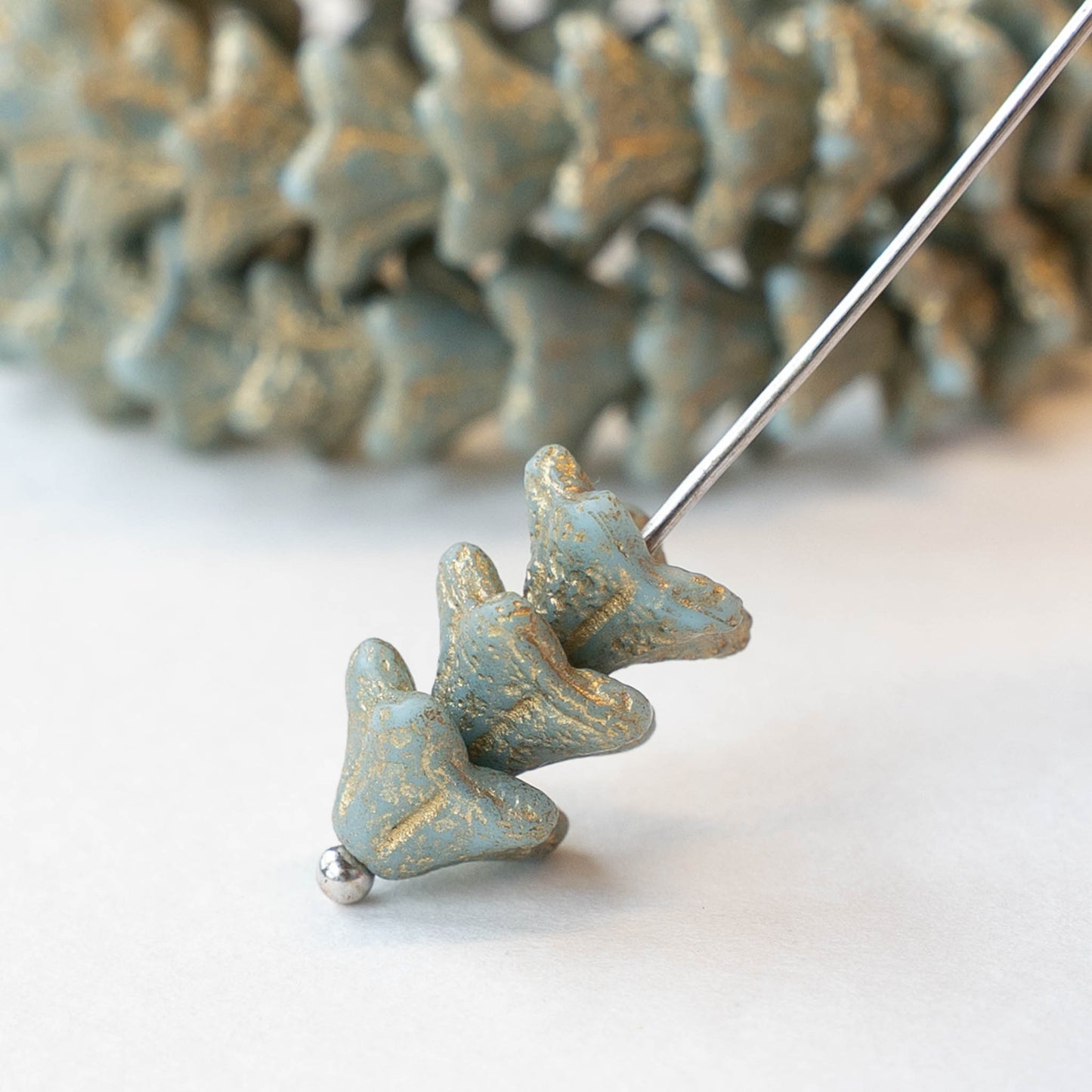 5x8mm Glass Bell Flower Beads - Etched Sky Blue with Gold - 25 beads