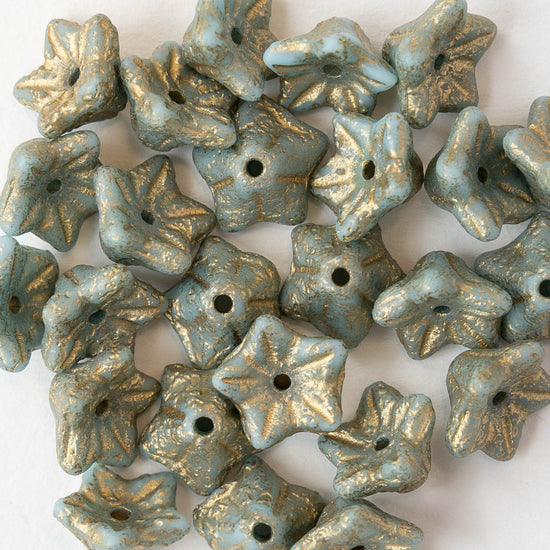5x8mm Glass Bell Flower Beads - Etched Sky Blue with Gold - 25 beads