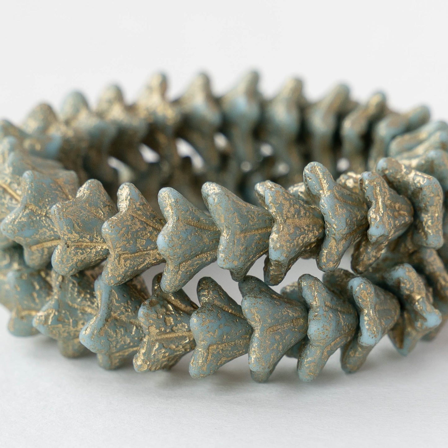 5x8mm Glass Bell Flower Beads - Etched Sky Blue with Gold - 25 beads