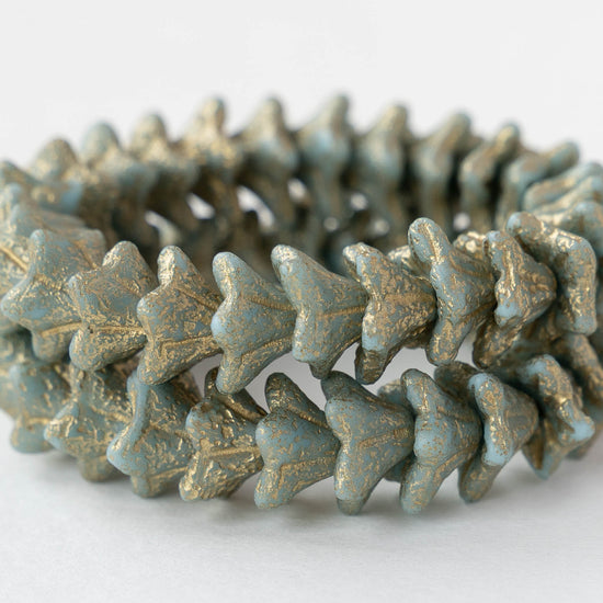 5x8mm Glass Bell Flower Beads - Etched Sky Blue with Gold - 25 beads