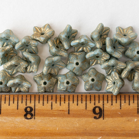 5x8mm Glass Bell Flower Beads - Etched Sky Blue with Gold - 25 beads