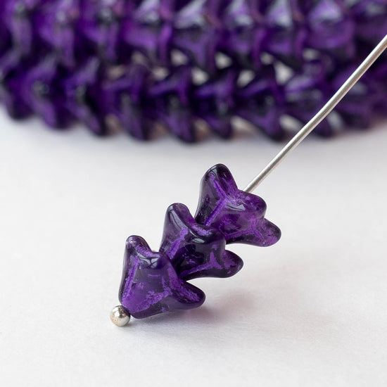 5x8mm Glass Bell Flower Beads - Purple with Purple Wash - 25 beads