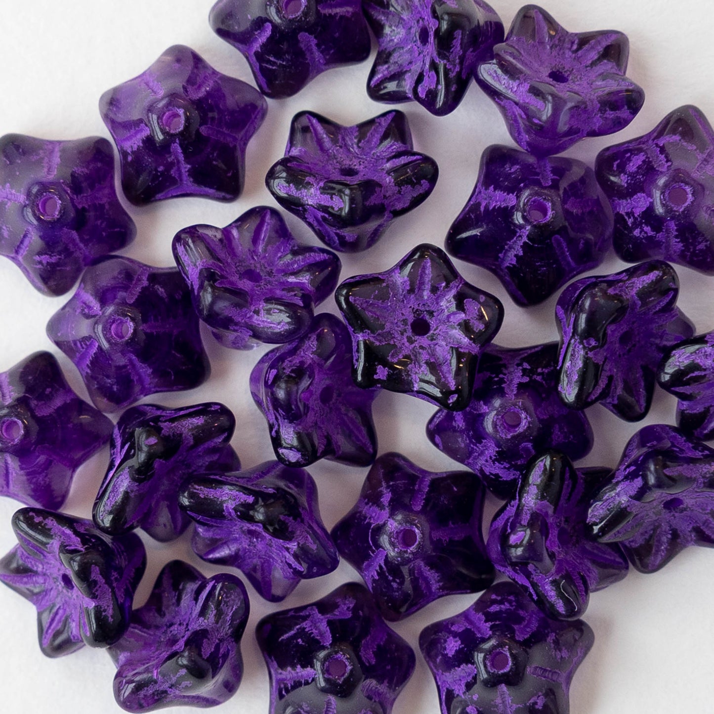 5x8mm Glass Bell Flower Beads - Purple with Purple Wash - 25 beads