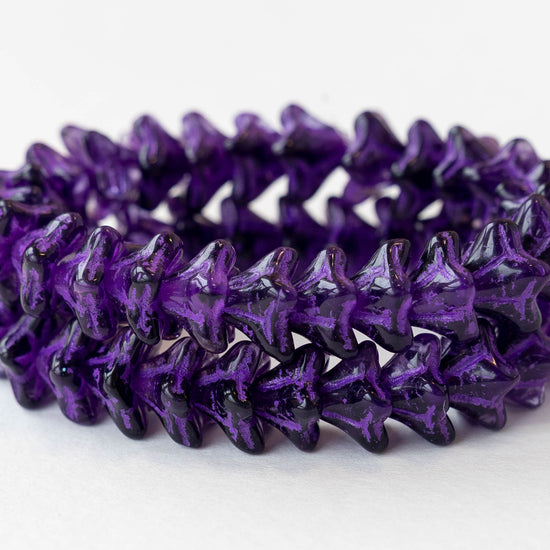 5x8mm Glass Bell Flower Beads - Purple with Purple Wash - 25 beads