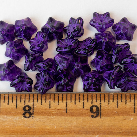 5x8mm Glass Bell Flower Beads - Purple with Purple Wash - 25 beads
