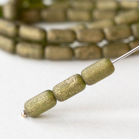 9x5mm Glass Tube Beads - Etched Green with Gold Dust - 16 beads