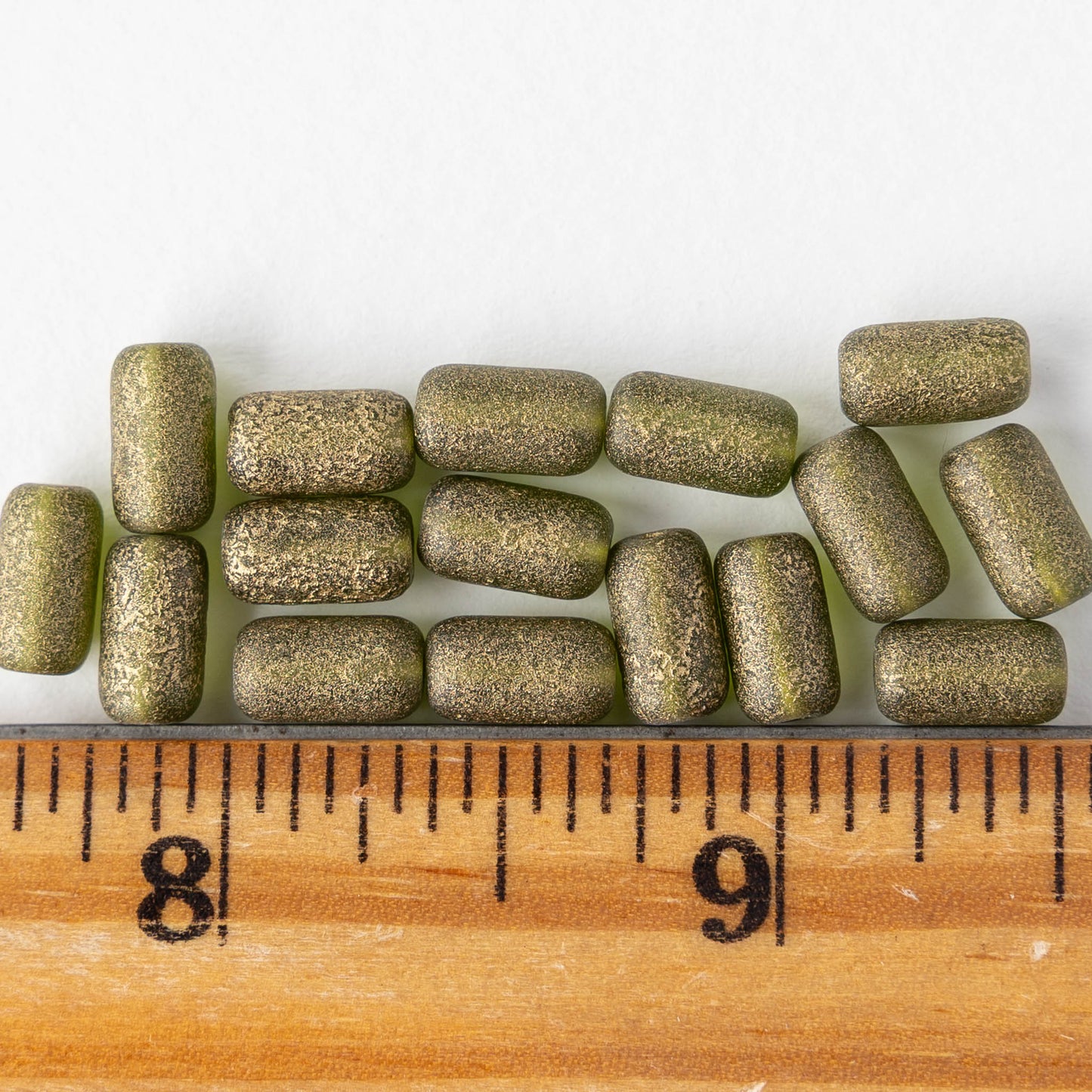 9x5mm Glass Tube Beads - Etched Green with Gold Dust - 16 beads