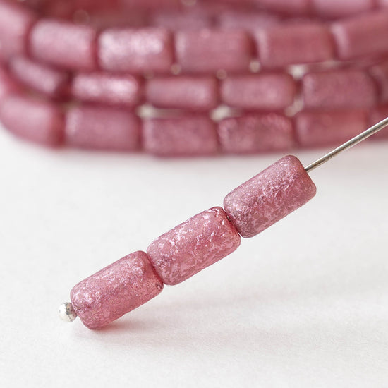 9x5mm Glass Tube Beads - Etched Metallic Pink Luster - 16 beads