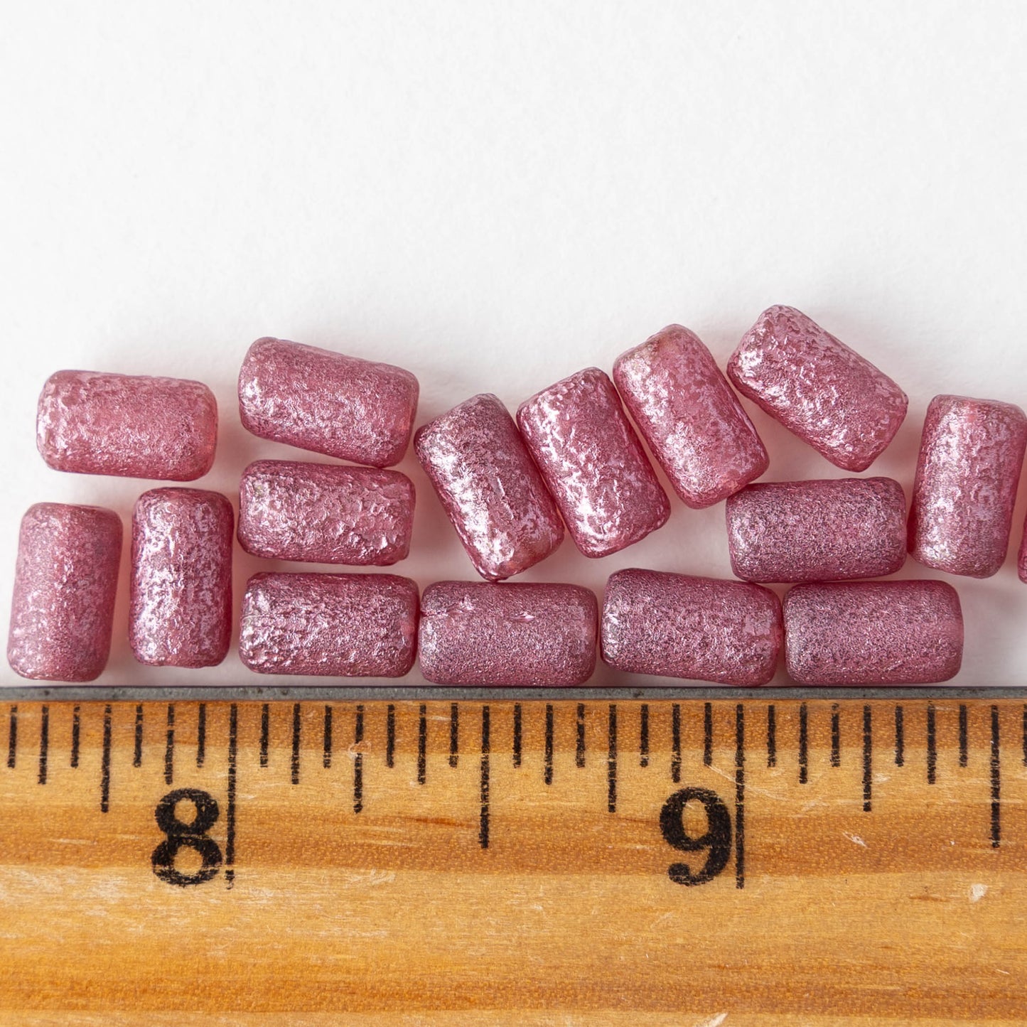 9x5mm Glass Tube Beads - Etched Metallic Pink Luster - 16 beads