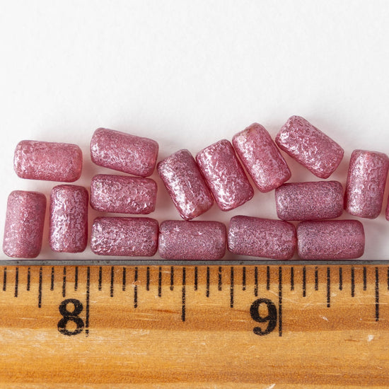 9x5mm Glass Tube Beads - Etched Metallic Pink Luster - 16 beads