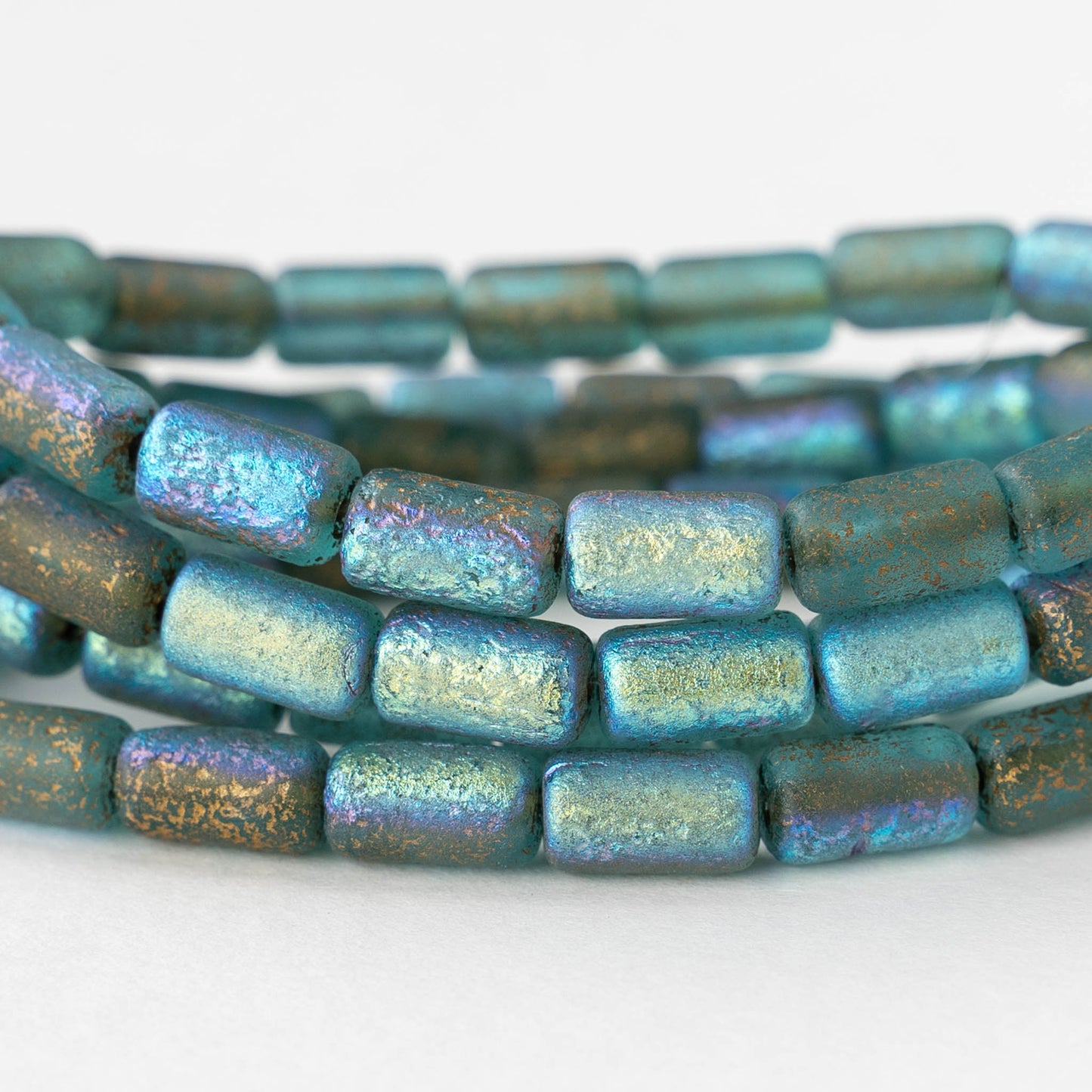 9mm Glass Tube Beads - Etched Seafoam Gold AB - 16 Beads