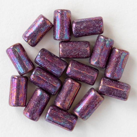 9mm Glass Tube Beads - Purple Raku Finish - 16 Beads