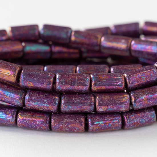 9mm Glass Tube Beads - Purple Raku Finish - 16 Beads