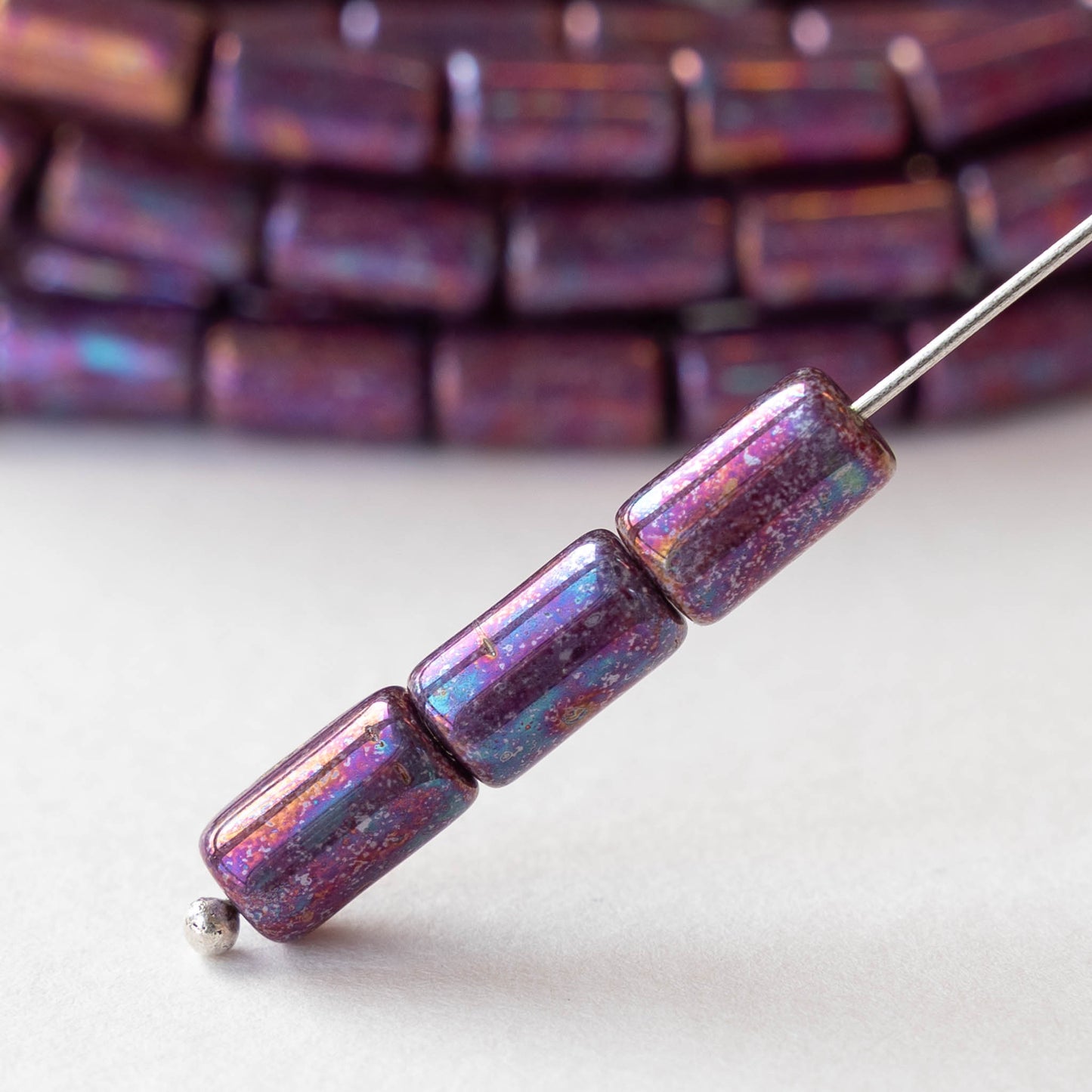 9mm Glass Tube Beads - Purple Raku Finish - 16 Beads