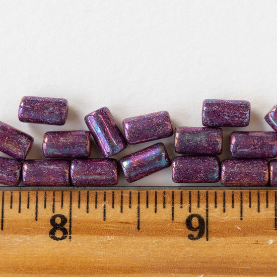 9mm Glass Tube Beads - Purple Raku Finish - 16 Beads