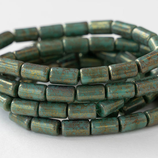 9mm Glass Tube Beads - Opaque Turquoise with Bronze - 16 Beads