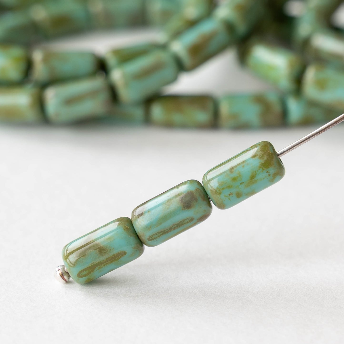 9x5mm Glass Tube Beads - Turquoise Picasso - 16 beads