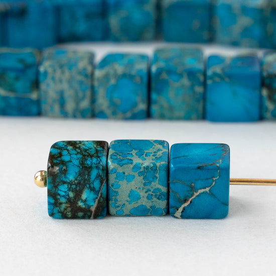 6mm Impression Jasper Cube Beads - Aqua Blue ~30 beads