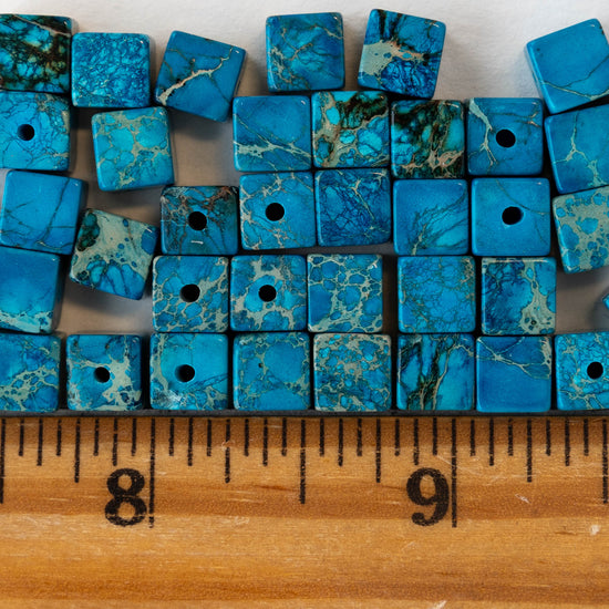 6mm Impression Jasper Cube Beads - Aqua Blue ~30 beads