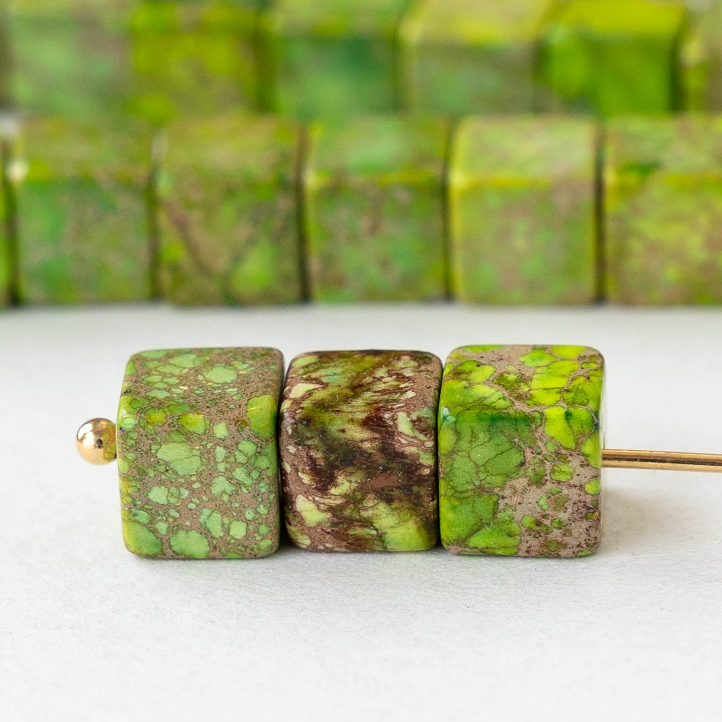 6mm Impression Jasper Cube Beads - Green ~30 beads