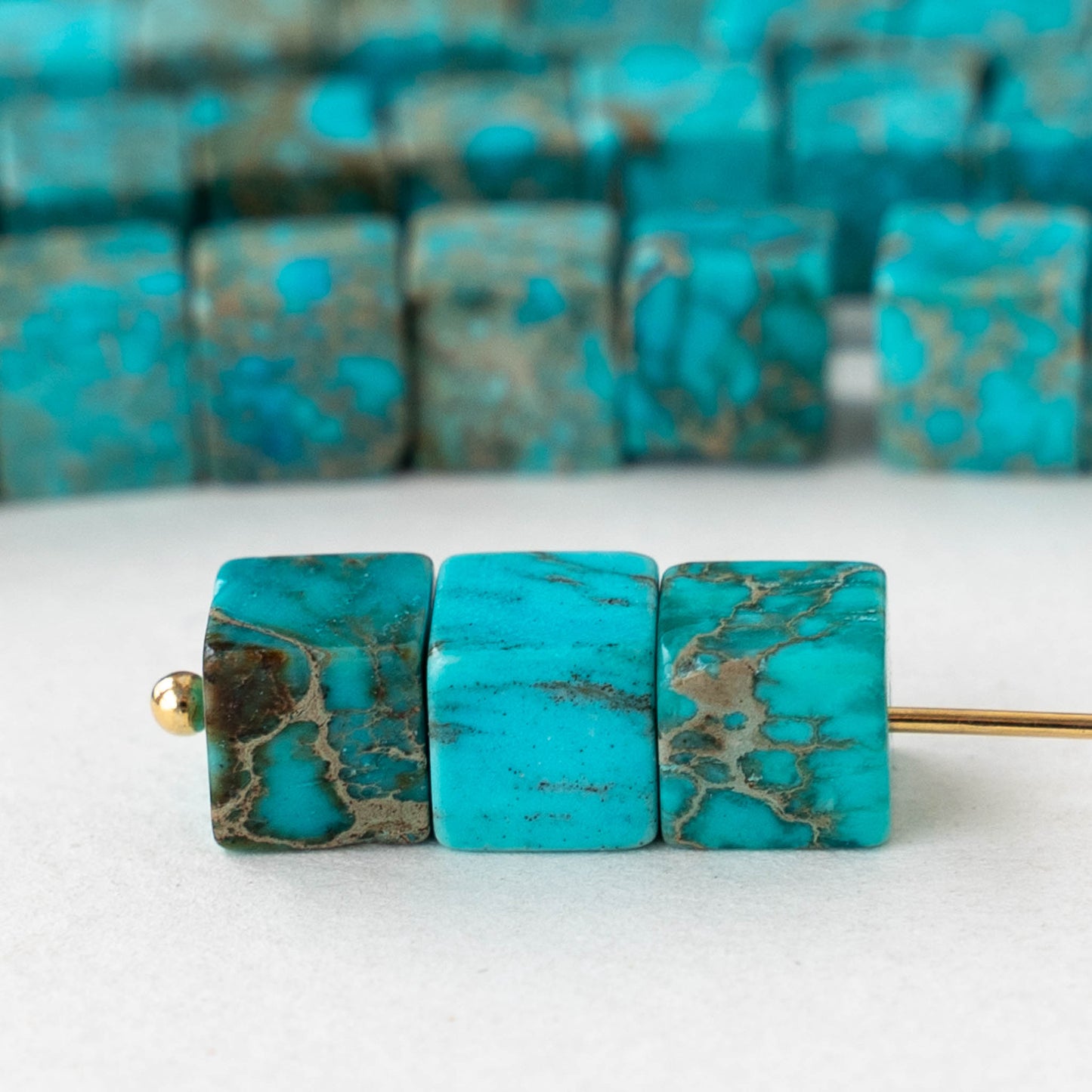 6mm Impression Jasper Cube Beads - Turquoise ~30 beads