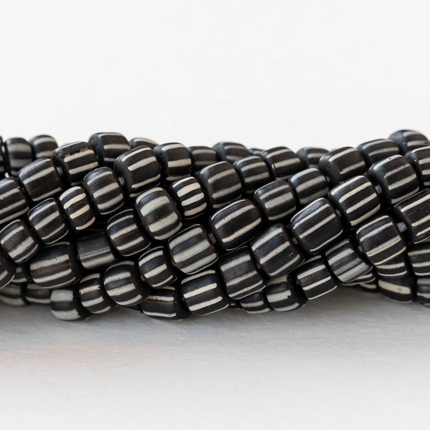 Glass Java Beads - Opaque Black and White Striped - Whole or Half Strand