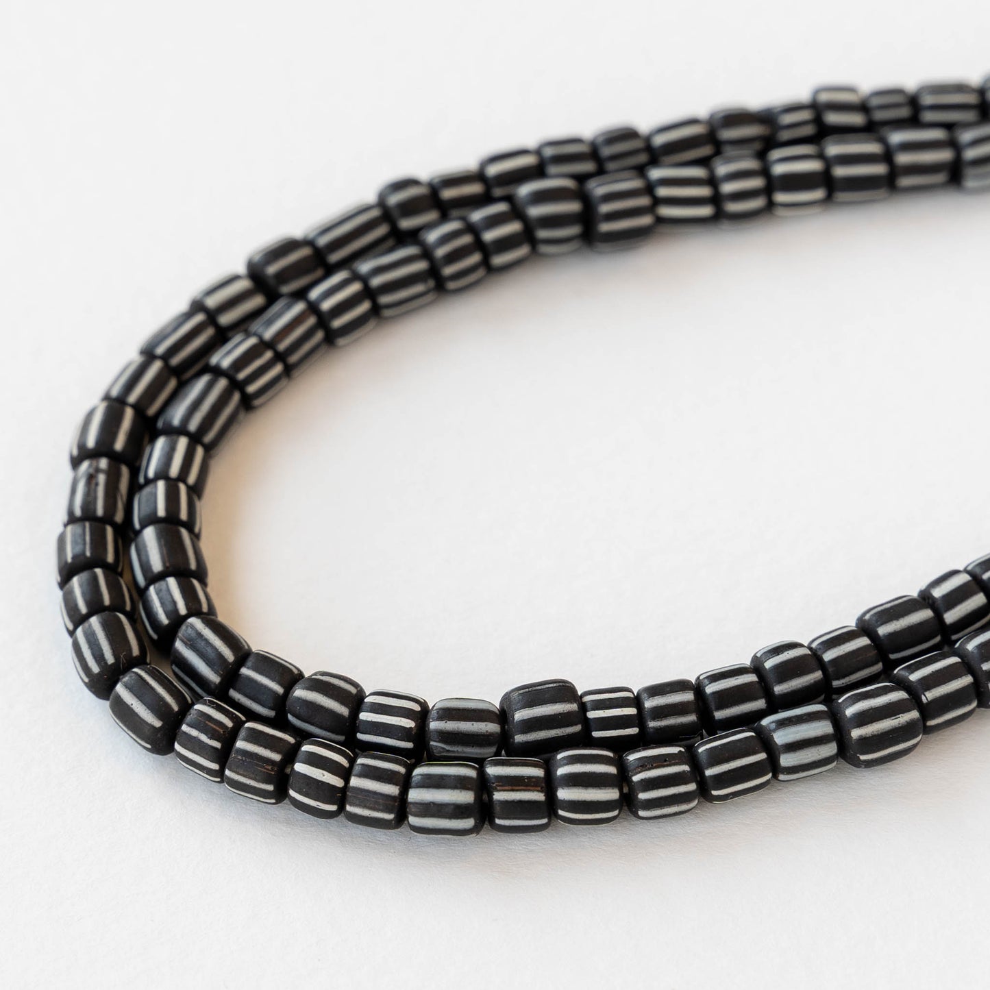 Glass Java Beads - Opaque Black and White Striped - Whole or Half Strand